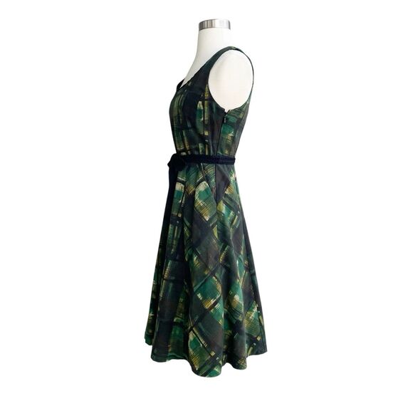 Anthropologie Maeve Dress 0 Green Painted Plaid Fit & Flare Belt Petticoat Swift - Picture 4 of 8